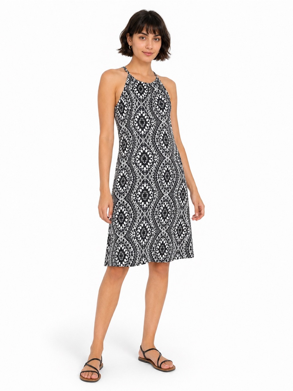 prAna Quinn Printed Halter Athleisure Dress Built-In Bra Black & Grey XS